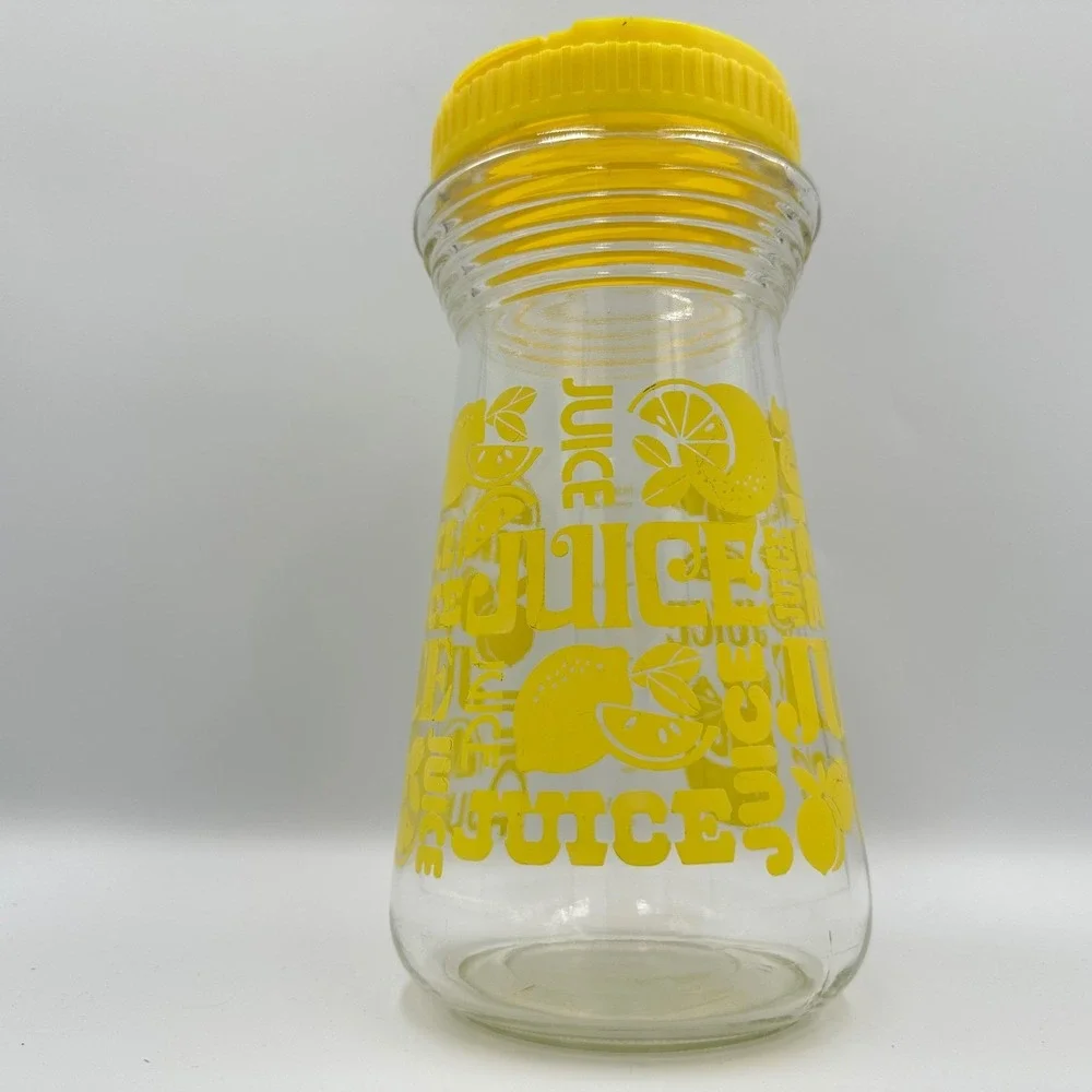 Vintage Yellow Lemon‎ Glass Juice Carafe Pitcher with Flip Top Lid Kitchen
